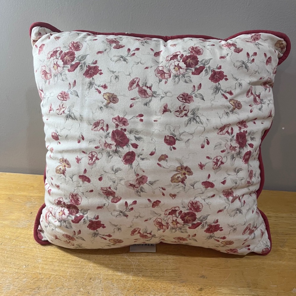 Vtg Waverly Norfolk Rose Floral Accent Pillow 16x16 Burgundy Piped Trim Square